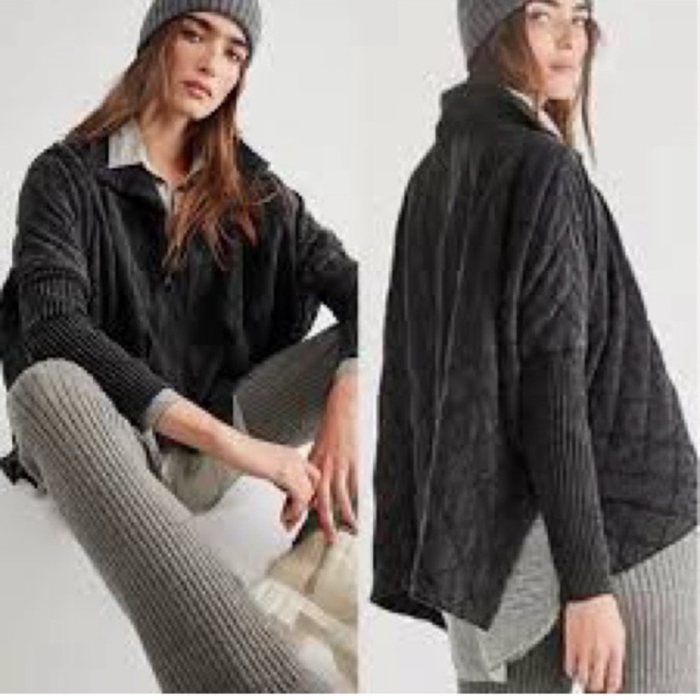 Free People FP One Shiloh Quilted Knit Quarter Zip Sweatshirt Pullover Gray XS